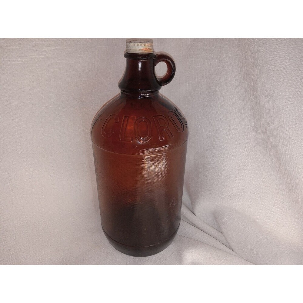 Vintage Clorox 1/2 Gallon Brown Glass Bottle Embossed One Finger W/ Original Lid